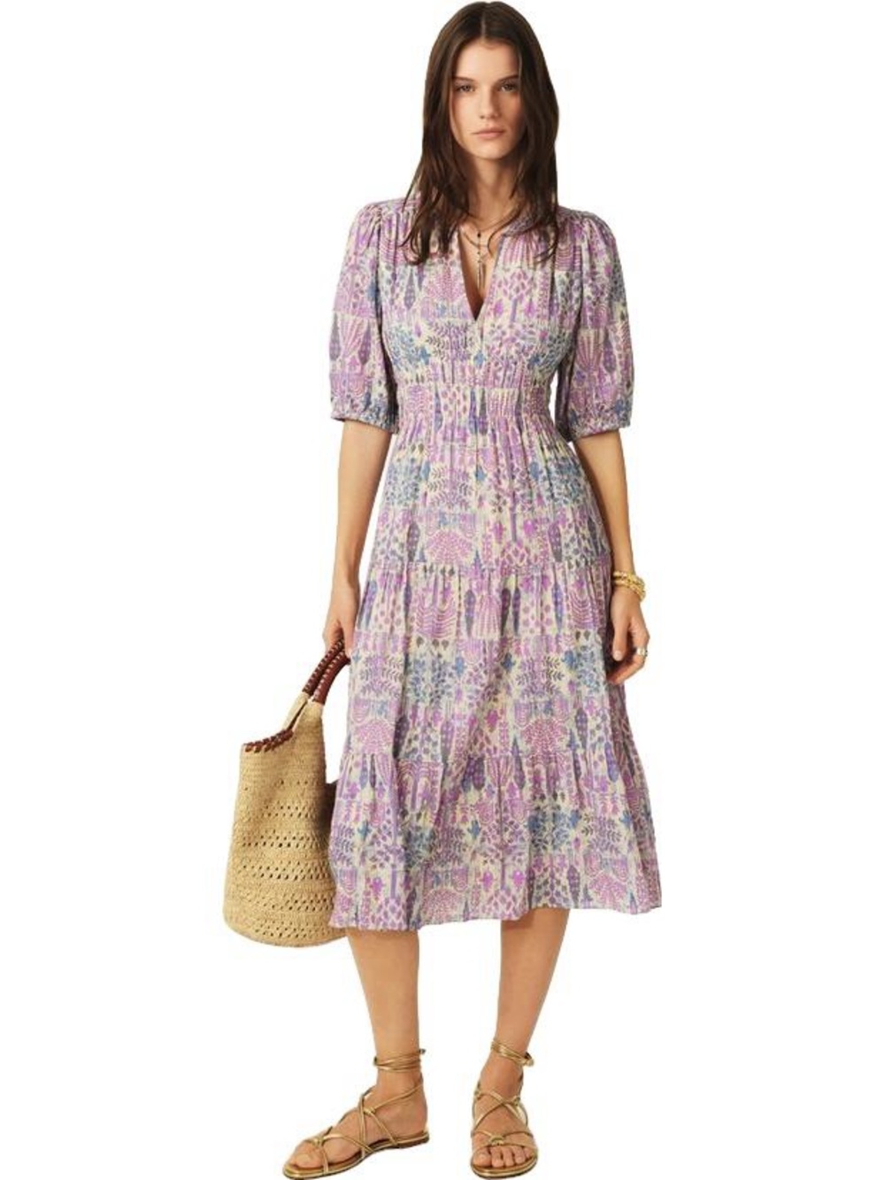 ba&sh Panissa Puff-Sleeve midi dress size 0 geometric print  smocked cottagecore